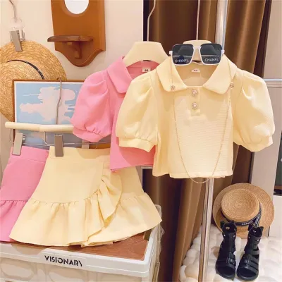 Kids Toddler Girls Cute Solid Waffle Short Sleeve Lapel Top Skirt Set Two Piece