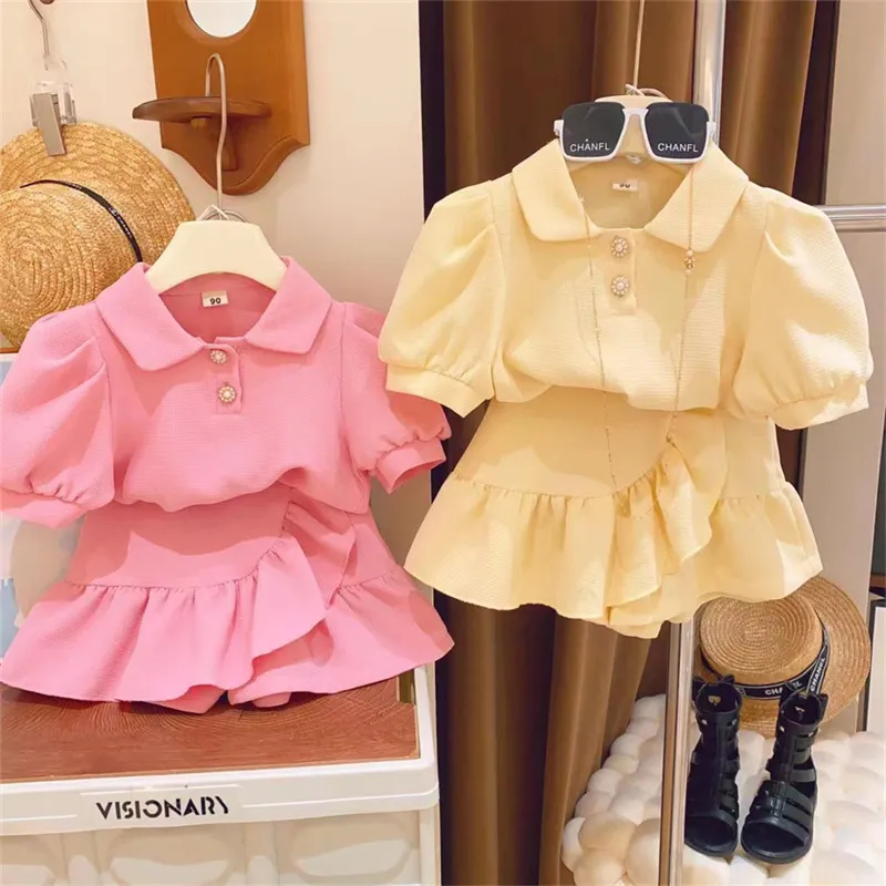 Kids Toddler Girls Cute Solid Waffle Short Sleeve Lapel Top Skirt Set Two Piece