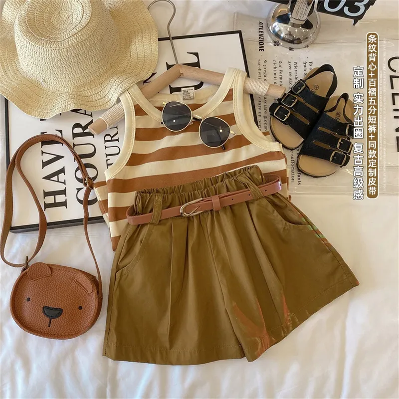 Kids Toddler Girls Cute Striped Tank Top And Shorts Set Sleeveless Cotton Blend Two-Piece Pullover Summer Outfit