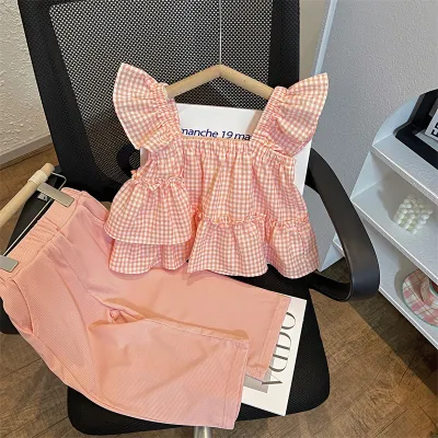Kids Toddler Girls Cute Plaid Fluttering Sleeve Top Pants Set