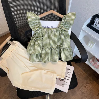 Kids Toddler Girls Cute Plaid Fluttering Sleeve Top Pants Set