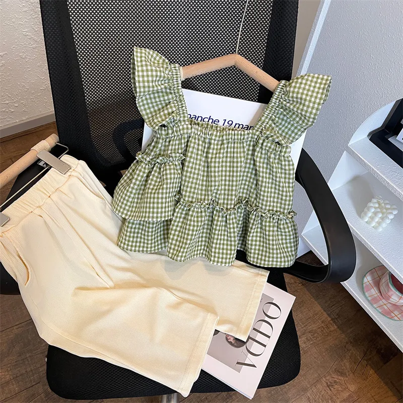 Kids Toddler Girls Cute Plaid Fluttering Sleeve Top Pants Set