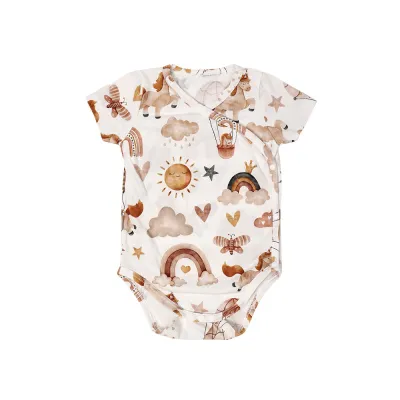 Kids Baby Boys Girls Cute Cartoon Print Short Sleeve V Neck Romper Cotton Knit