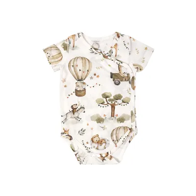 Kids Baby Boys Girls Cute Cartoon Print Short Sleeve V Neck Romper Cotton Knit
