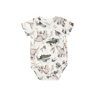 Kids Baby Boys Girls Cute Cartoon Print Short Sleeve V Neck Romper Cotton Knit