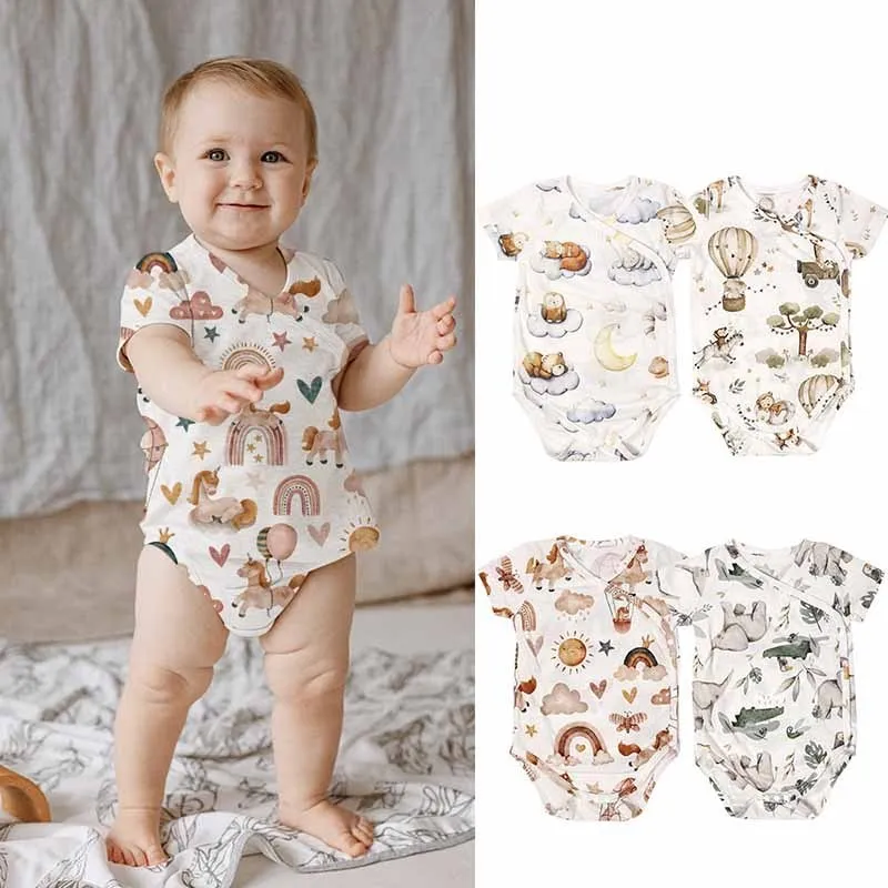 Kids Baby Boys Girls Cute Cartoon Print Short Sleeve V Neck Romper Cotton Knit
