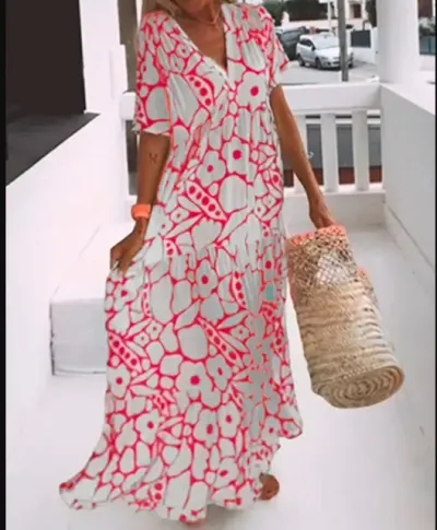 Summer Women Casual Geometric Print Deep V Maxi Dress