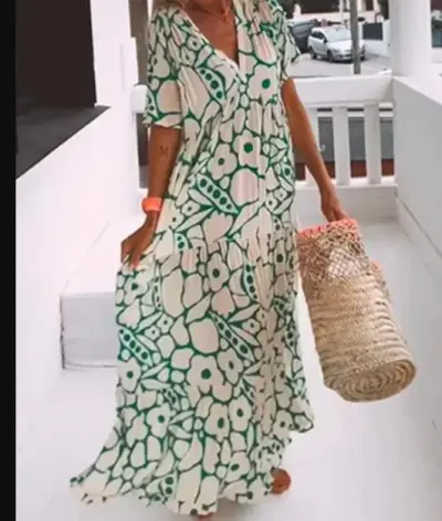 Summer Women Casual Geometric Print Deep V Maxi Dress