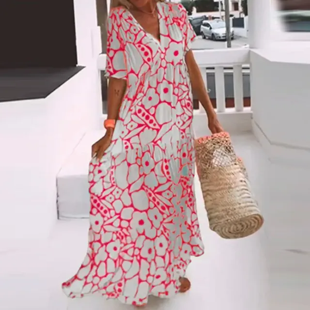 Summer Women Casual Geometric Print Deep V Maxi Dress