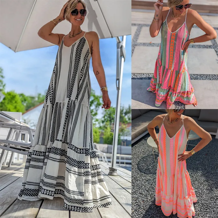 Women Casual V-Neck Strap Geometric Print Maxi Dress