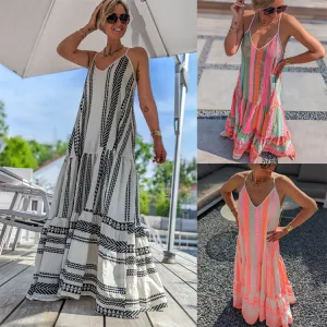 Women Casual V-Neck Strap Geometric Print Maxi Dress