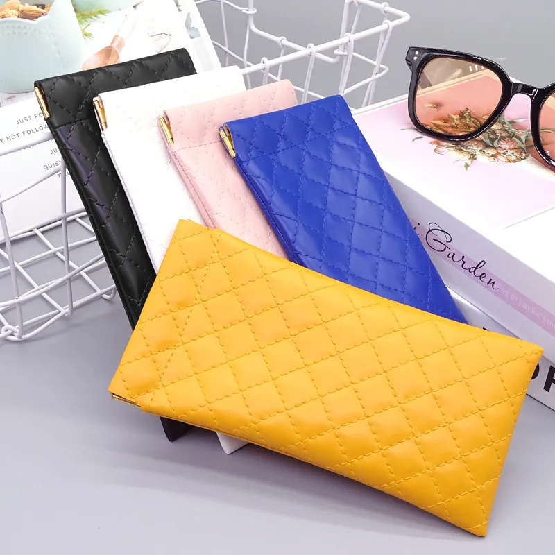 Solid Color Diamond Line Portable Waterproof Automatic Closed PU Glasses Storage Bag For Frame Glasses