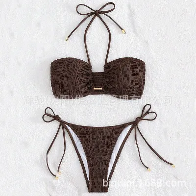 Sexy Pleated Halter Neck Bikini Set for Summer Vacation
