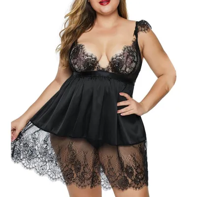 Women Plus Size Sexy Perspective Lace Sling Sleepwear