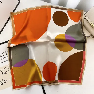 Women Fashion Color Block Round Geometric Printed Silk Scarf
