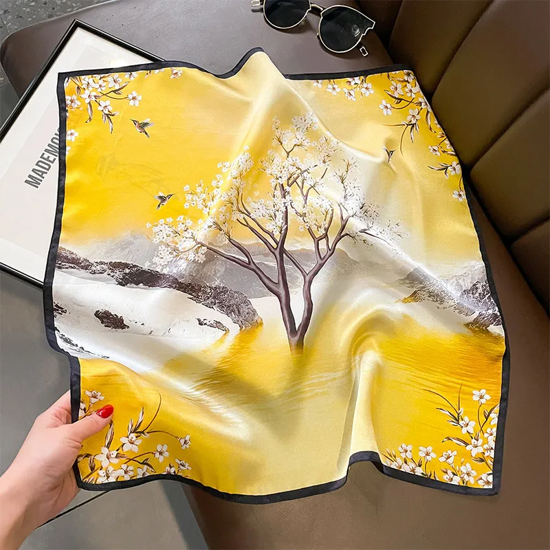 Women Fashion Yellow Floral Tree Printed Silk Scarf Square Scarf