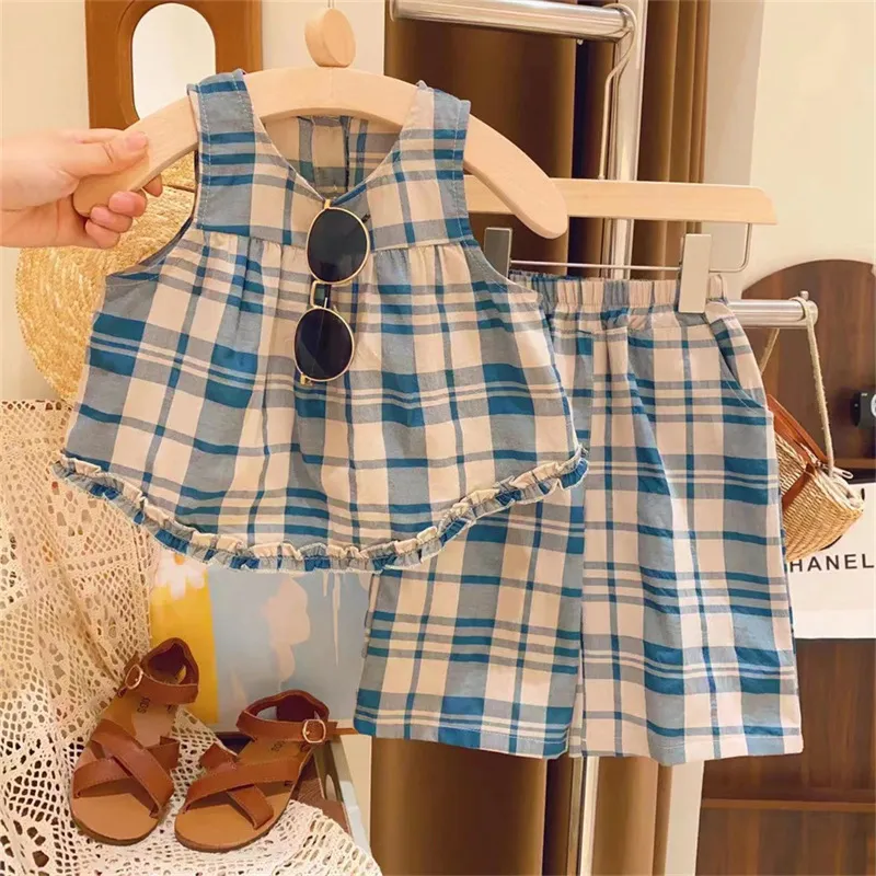 Kids Girls Casual Cute Plaid Print Tank Top and Bermuda Shorts Set