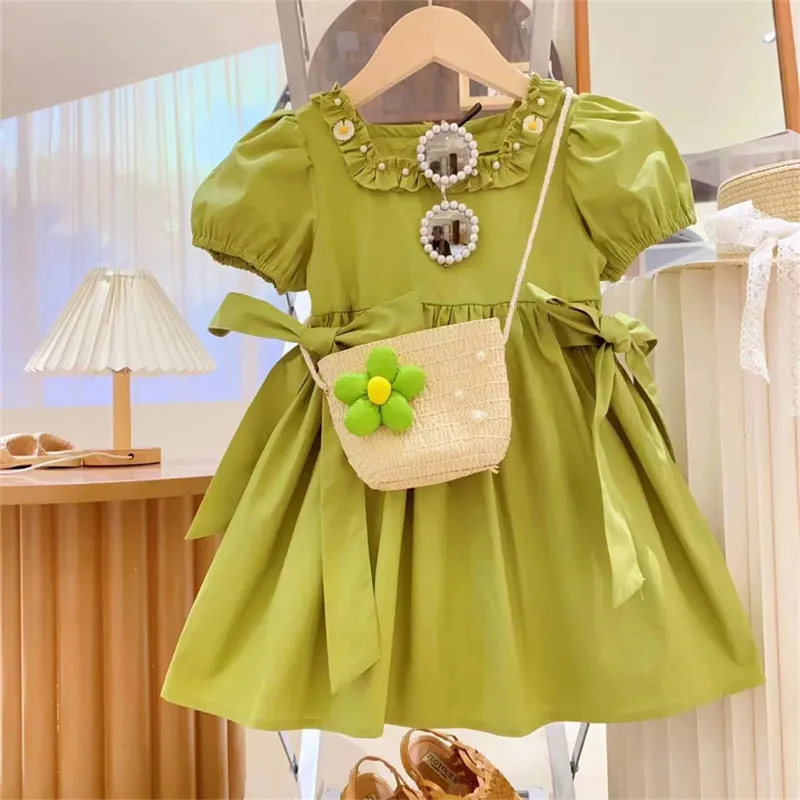 Kids Toddler Girls Casual Cute Solid Color Short Sleeve A-Line Cotton Dress
