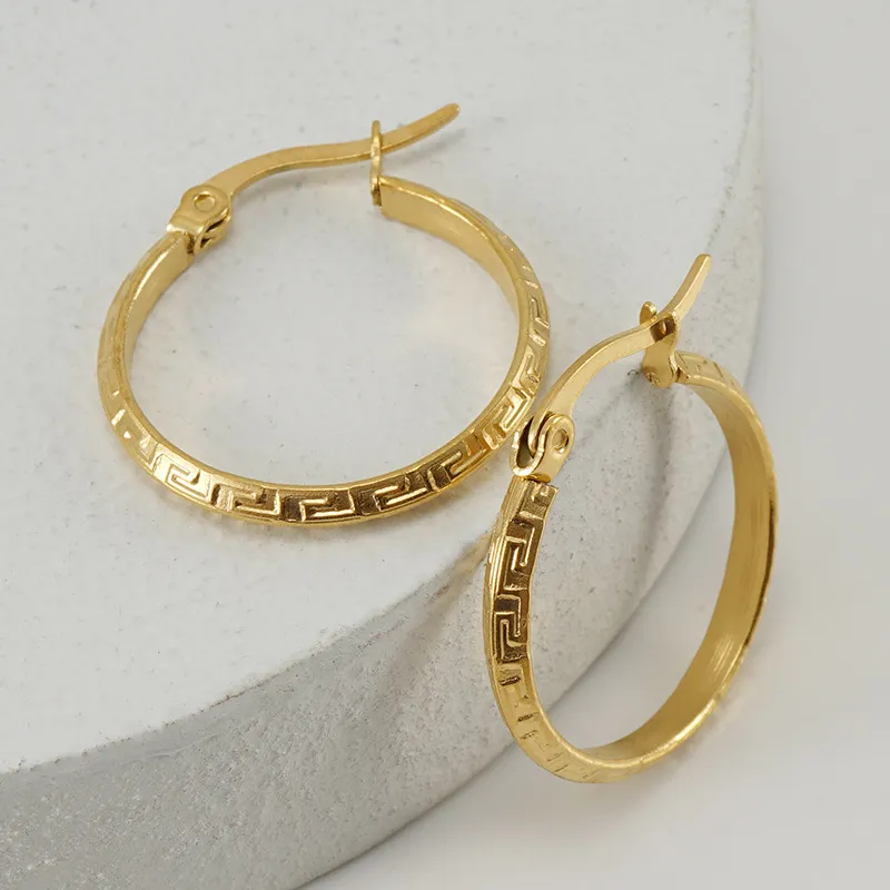 Women Fashion Simple Stainless Steel Pattern Round Earrings