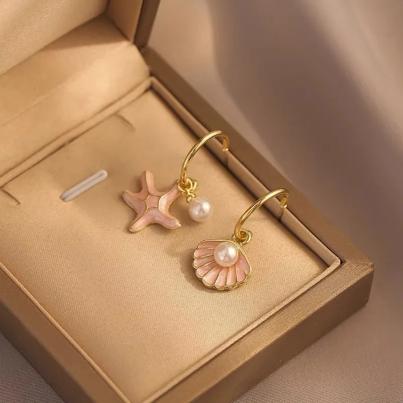 Women Fashion Asymmetric Pearl Shell Earrings - Fresh Sweet Imitation Pearl Jewelry