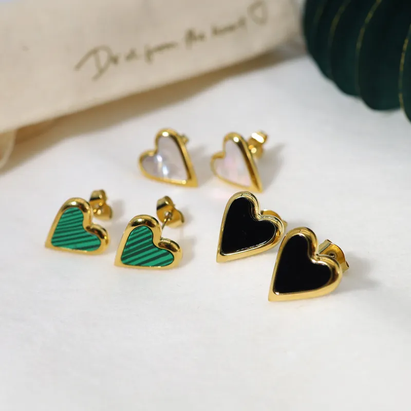 Women's Fashion Natural Stone Malachite Heart-Shaped Titanium Steel Stud Earrings Sweet