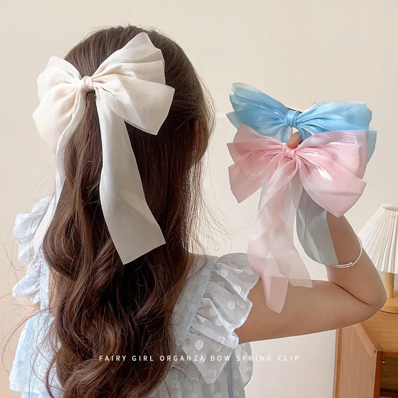 Women's Fashion Cream Mesh Bow Spring Hair Clip