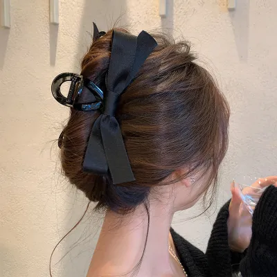 Women Fashion Simple Black Bow Hair Claws Shark Clip