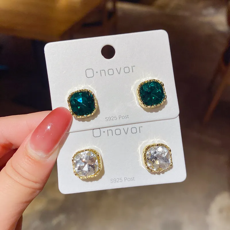 Square Rhinestone Stud Earrings for Women Fashion Alloy Temperament Jewelry