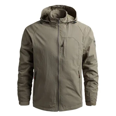 Men Casual Sports Solid Color Plus Size Long Sleeve Stand Collar Hooded Jacket
