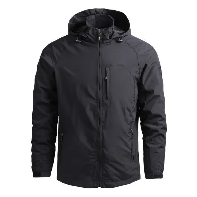 Men Casual Sports Solid Color Plus Size Long Sleeve Stand Collar Hooded Jacket