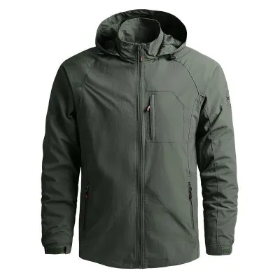 Men Casual Sports Solid Color Plus Size Long Sleeve Stand Collar Hooded Jacket