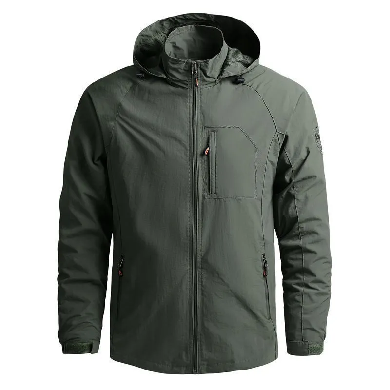 Men Casual Sports Solid Color Plus Size Long Sleeve Stand Collar Hooded Jacket