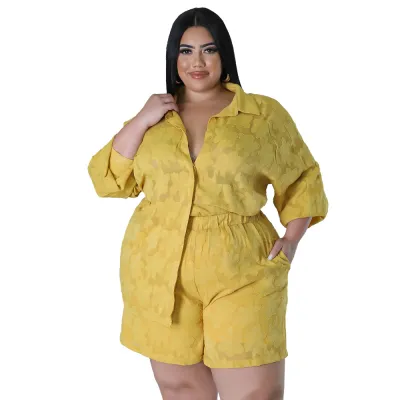 Women Plus Size Chiffon Jacquard Top Shorts Two-Piece Set Casual Summer Outfit