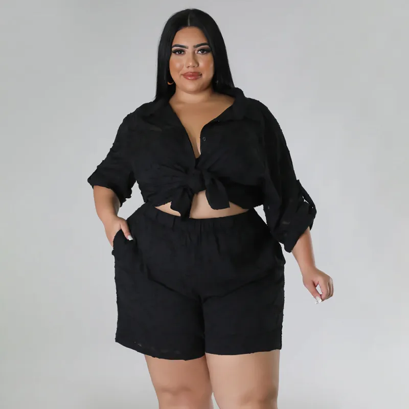 Women Plus Size Chiffon Jacquard Top Shorts Two-Piece Set Casual Summer Outfit