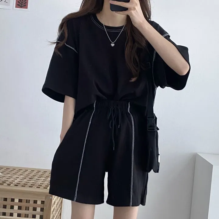 Women Casual Loose Round Neck Short Sleeve Top Drawstring Shorts Two-Piece Set