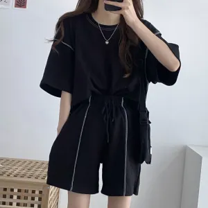 Women Casual Loose Round Neck Short Sleeve Top Drawstring Shorts Two-Piece Set