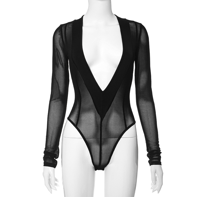Wholesale Women Fashion Sexy Solid Color V-Neck Mesh See