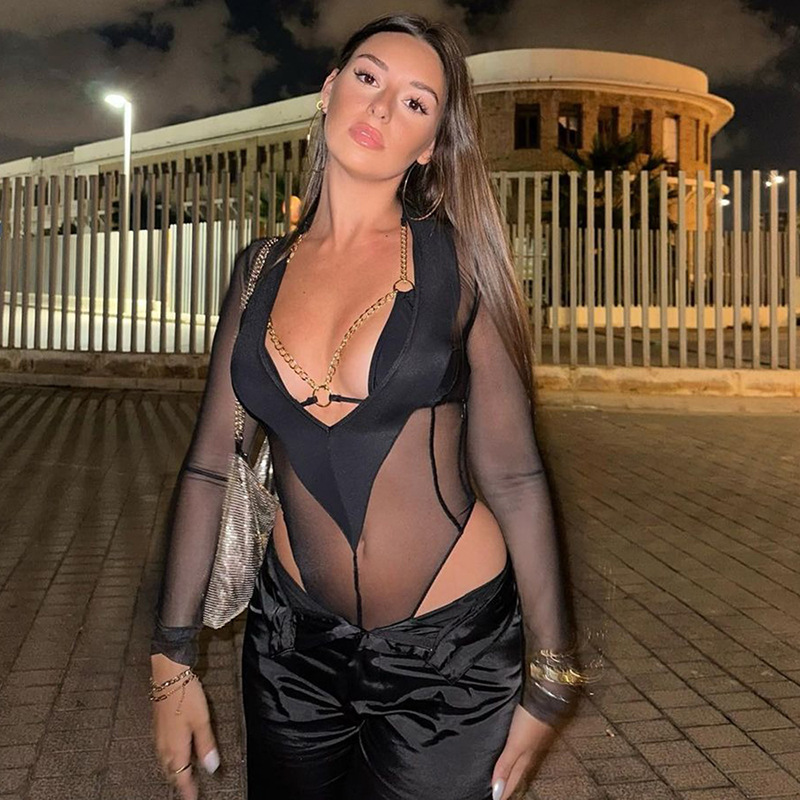 Wholesale Women Fashion Sexy Solid Color V-Neck Mesh See
