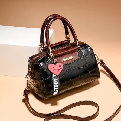 Women Vintage Stone Print Large Capacity Zip Handle Shoulder Boston Bag