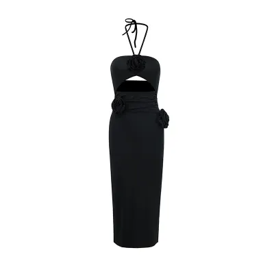 Women Fashion Sexy Halter Neck Three-Dimensional Floral Cutout Backless Maxi Dress