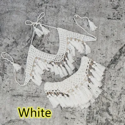 Women Sexy Knitted Halter Neck Tassel Bikini Swimsuit Set