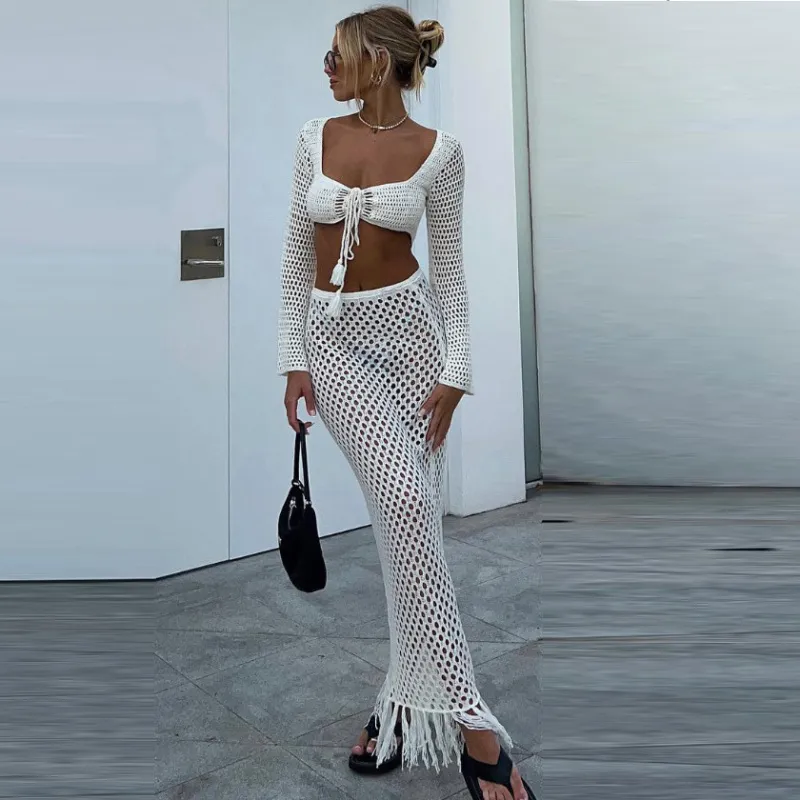 Summer Women Fashion Sexy Knitted Tassel See-Through Swimsuit Tankini Set
