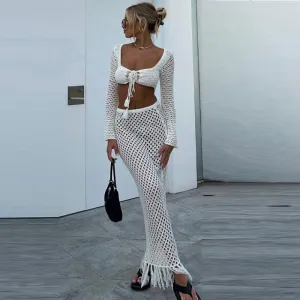 Summer Women Fashion Sexy Knitted Tassel See-Through Swimsuit Tankini Set