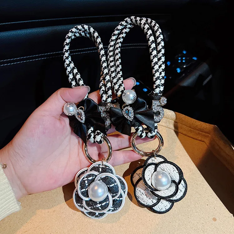 Women Fashion Black White Woven Pearl Camellia Key Chain Pendant