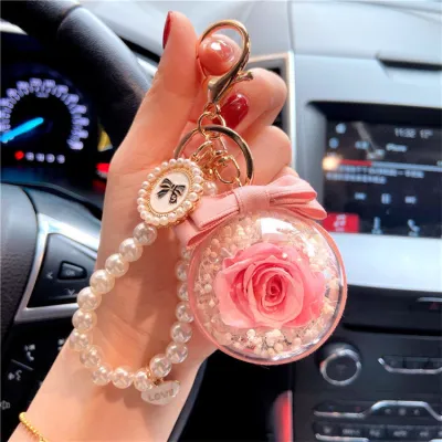 Women Cartoon Rose Eternal Flower Key Chain Pearl Chain Lovable Wind