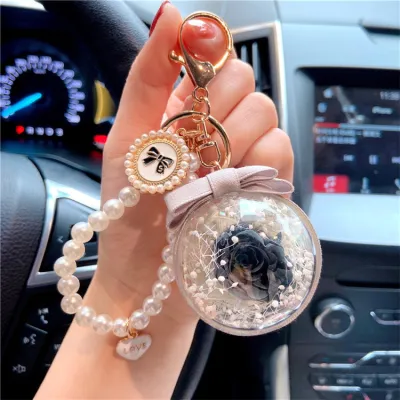 Women Cartoon Rose Eternal Flower Key Chain Pearl Chain Lovable Wind