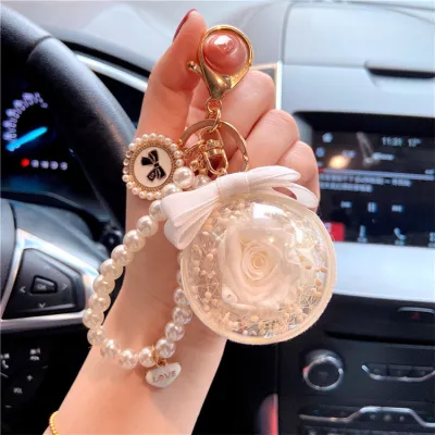 Women Cartoon Rose Eternal Flower Key Chain Pearl Chain Lovable Wind