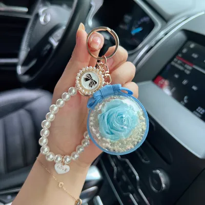Women Cartoon Rose Eternal Flower Key Chain Pearl Chain Lovable Wind