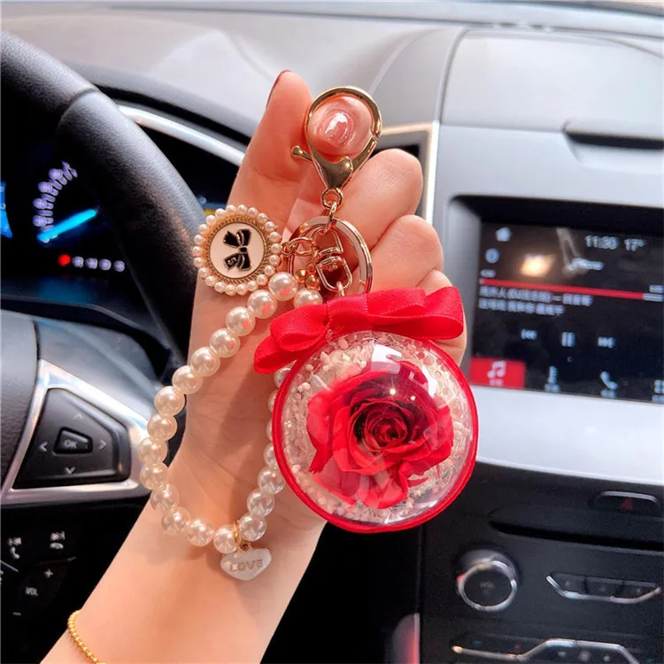 Women Cartoon Rose Eternal Flower Key Chain Pearl Chain Lovable Wind
