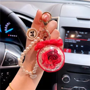 Women Cartoon Rose Eternal Flower Key Chain Pearl Chain Lovable Wind